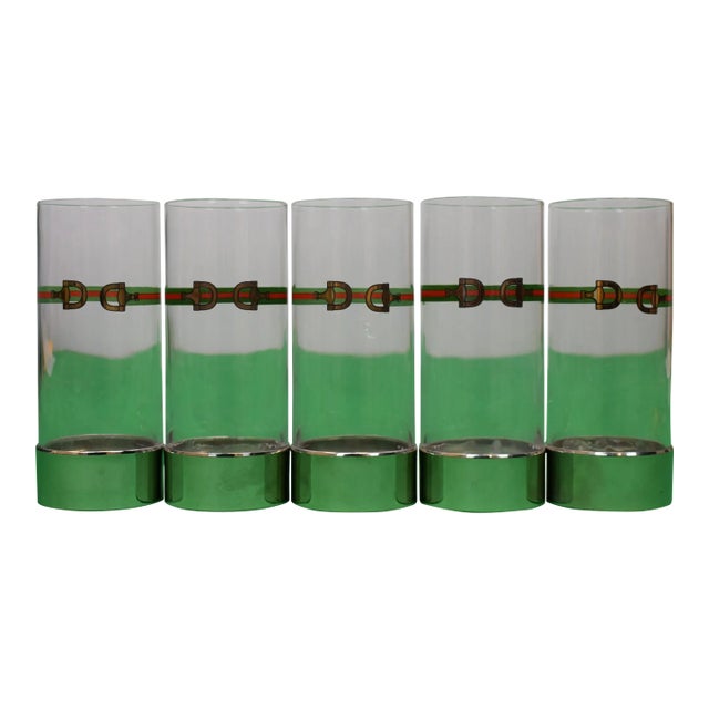 1970s Gucci Highball Glasses W/ Red & Green Surcingle Stripe Horsebit Motif (New/ Old Stock) - Set of 5 For Sale
