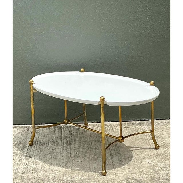 Late 20th Century Vintage Brass and Wood Oval Coffee Table For Sale - Image 5 of 12