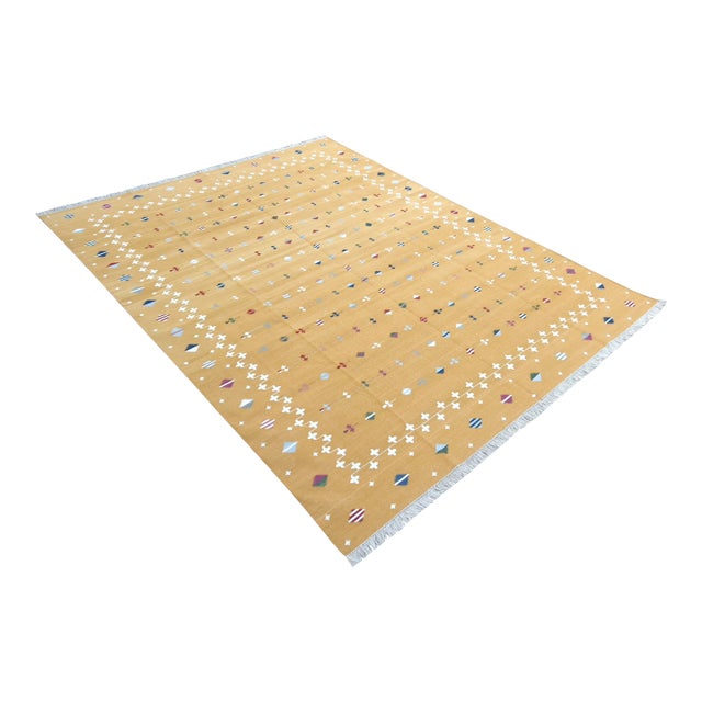 Handmade Cotton Vegetable Dyed Area Rug, Mustard Yellow Shooting Star Dhurrie - 9'x12' For Sale
