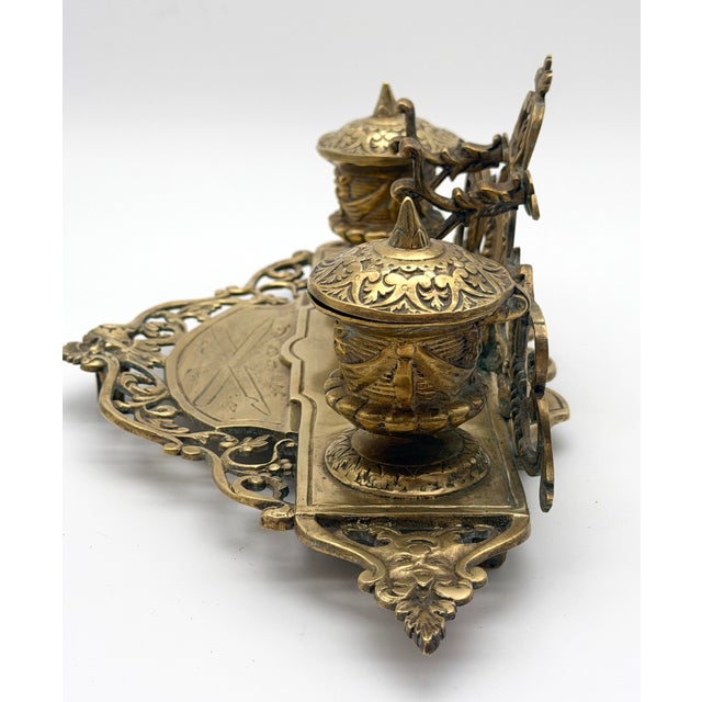 Vintage Ornate Baroque Revival Cast Brass Double Inkwell Desk Set With Porcelain Liners For Sale - Image 13 of 17
