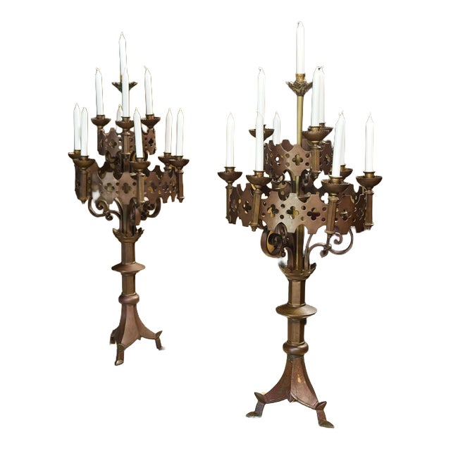 Neo-Gothic Bronze Candlesticks, Set of 2 For Sale