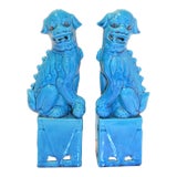 1980s Chinese Turquoise Glazed Large Foo Dog Figurines - a Pair For Sale