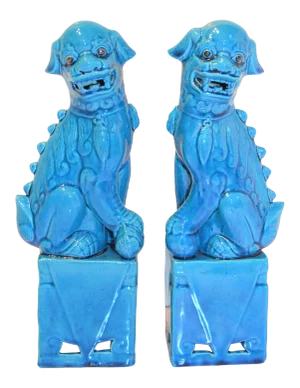 1980s Chinese Turquoise Glazed Large Foo Dog Figurines - a Pair