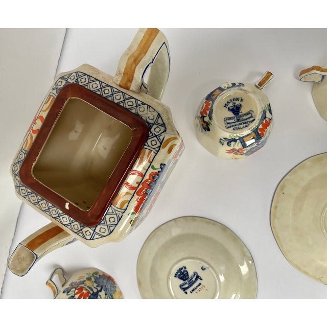 Ceramic 1880s Antique Mason’s English Ironstone “Jardiniere” Teapot, Cups and Saucers - Set of 7 - For Sale - Image 7 of 12