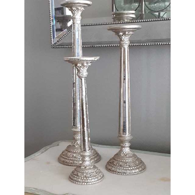 Trio of Antiqued Silver Mirrored Tall Candle Holders Set of 3 Chairish
