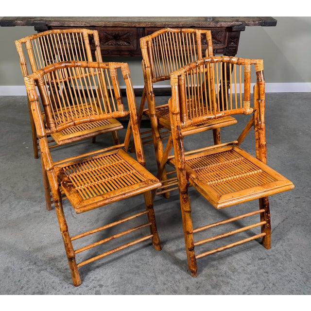 Nautical Vintage Mid Century Coastal Bamboo Rattan Folding Chairs - Set of 4 For Sale - Image 3 of 11