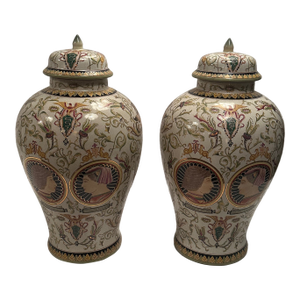 Large Portrait Motif Majolica Lidded Vases -a Pair