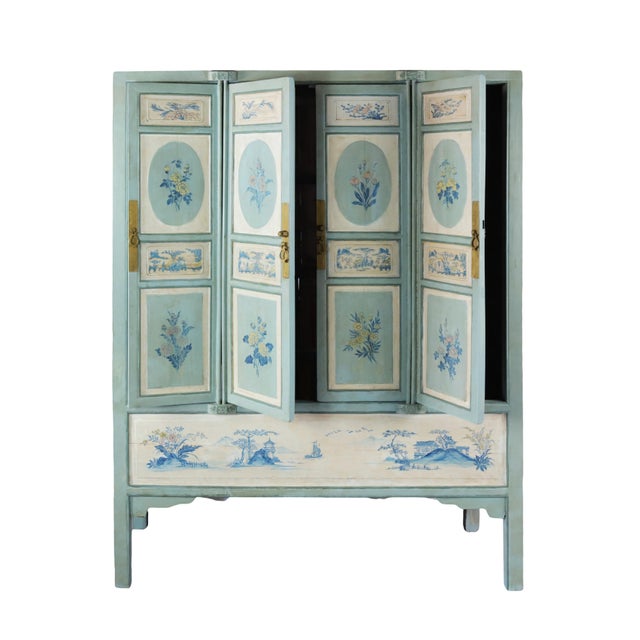 Chinese Large Chinese 20th-Century Cabinet With Blue and White Hand-Painted Flowers and Landscape Panels For Sale - Image 3 of 12