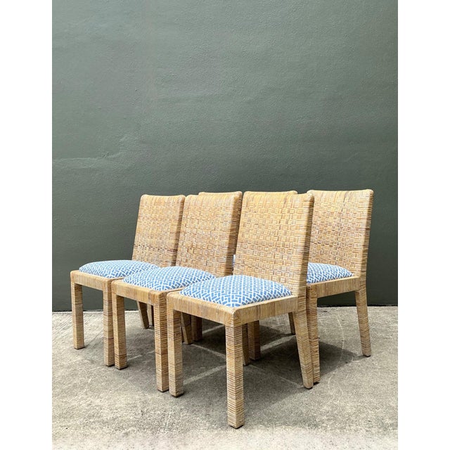 Vintage Woven Rattan Dining Chairs in Quadrille For Sale - Image 4 of 18