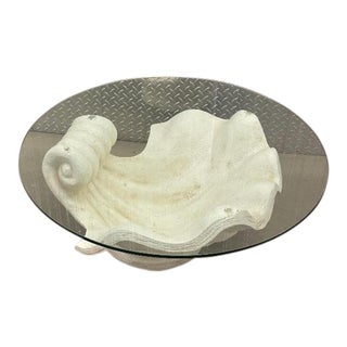 1980s Round Vintage Seashell Coastal Coffee Table With Glass Top For Sale