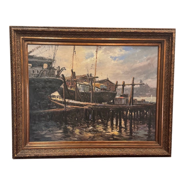 Large Atmospheric Harbor Scene Oil Painting, Signed “Spiers” – 40” X 50” For Sale