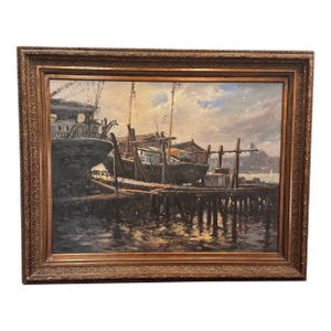 Large Atmospheric Harbor Scene Oil Painting, Signed “Spiers” – 40” X 50”