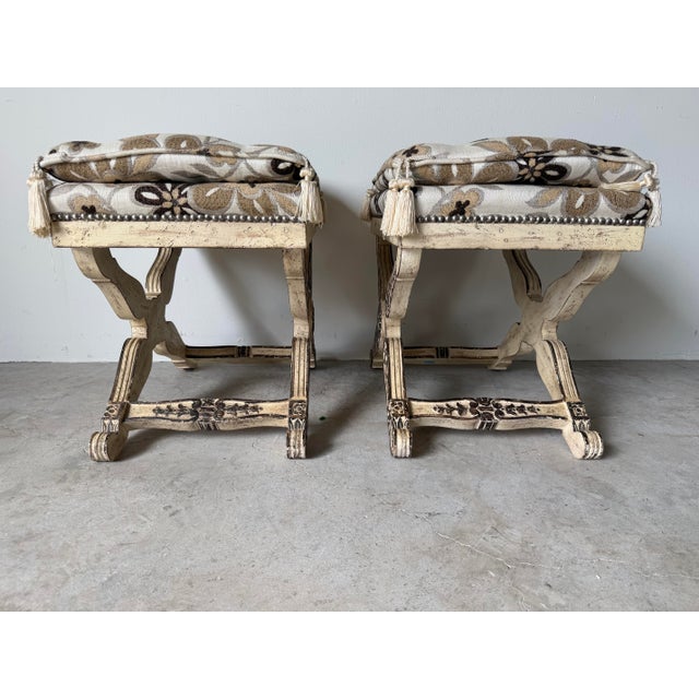 Vintage Maison Jansen Neoclassical-Style Carved Wood Ottomans – Pair For Sale - Image 10 of 11
