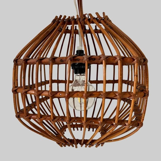 Wood Vintage Mid Century Italian Bamboo Pendant Ceiling Light For Sale - Image 7 of 12