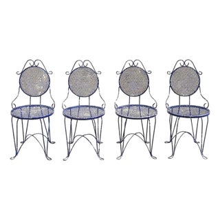 Vintage Victorian Blue Wrought Iron Small Garden Bistro Dining Chairs - Set of 4 For Sale