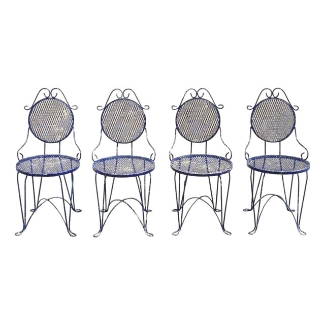 Vintage Victorian Blue Wrought Iron Small Garden Bistro Dining Chairs - Set of 4 For Sale