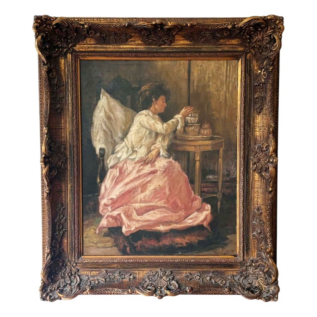 Pink Dress Lady, 1920s, Oil on Canvas & Linen For Sale