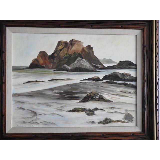 Tranquil original, mid-century Pacific coast oil painting by Raymond Zurfluh. This evocative work masterfully captures a...