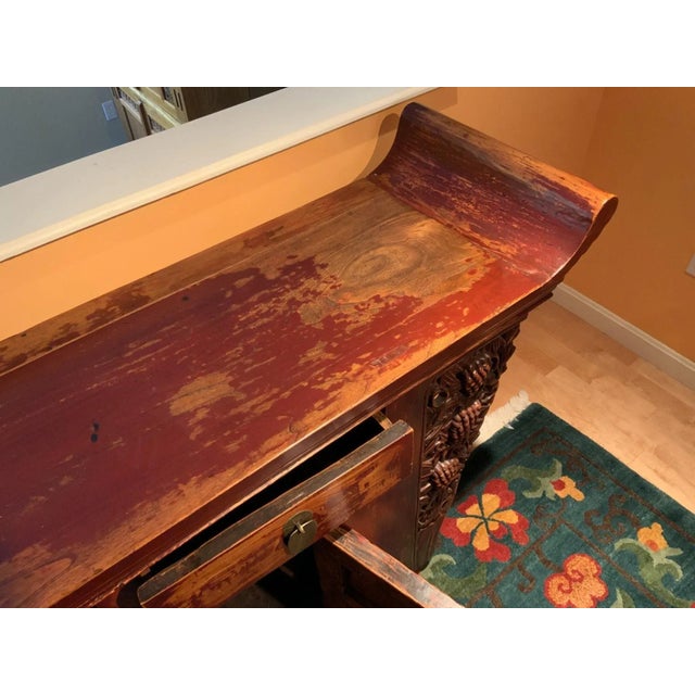 1990s Vintage Chinoiserie Carved Altar Style Sideboard - Distressed For Sale - Image 5 of 7