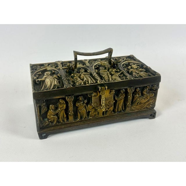 Antique Gothic Revival Bronze Jewelry Box with Religious Scenes, 19th Century For Sale - Image 4 of 16