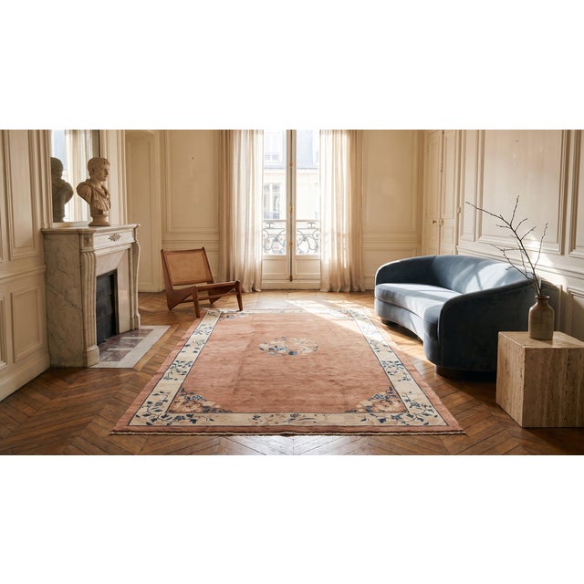 1930s Dusty Rose Medallion Antique Chinese Peking Carpet 6' X 8'8" Knotted Wool Rug For Sale - Image 15 of 15