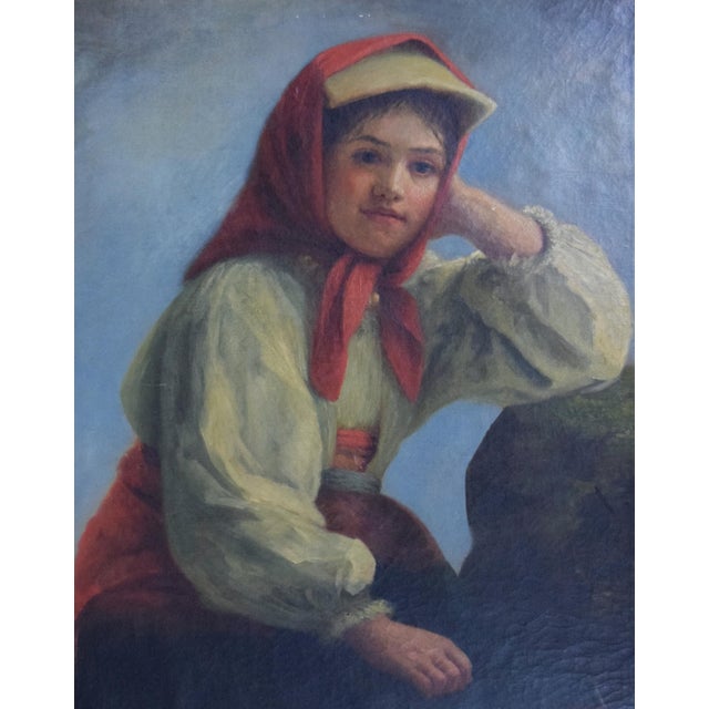 Realism Large 19th C Oil Painting Portrait of Young Italian or Eastern European Girl in Traditional Dress For Sale - Image 3 of 6