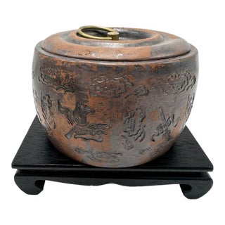 Vintage Yixing Zisha Clay Tea Caddy - Carved Immortals Motif For Sale