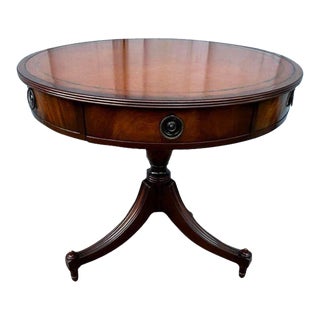 1940s Baker Furniture Federal Style Tooled Flame Mahogany Leather Inset Drum Table For Sale