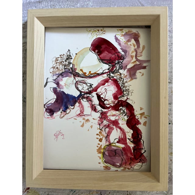 Framed small watercolor painting, 7"x9", natural wood frame. Van Ness Artist Statement My work emerges from the tension...