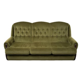 Mid-Century Green Velvet and Wood 3-Seater Sofa, 1960s For Sale