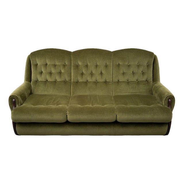 Mid-Century Green Velvet and Wood 3-Seater Sofa, 1960s For Sale