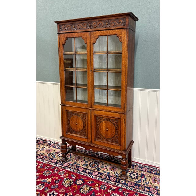 Antique English Bookcase Bookshelf Cabinet Double Door Wavy Glass Oak c.1930s For Sale In Dallas - Image 6 of 17