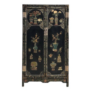 Vintage Oriental Black Lacquer Color Flower Vases Graphic Storage Cabinet For Sale
