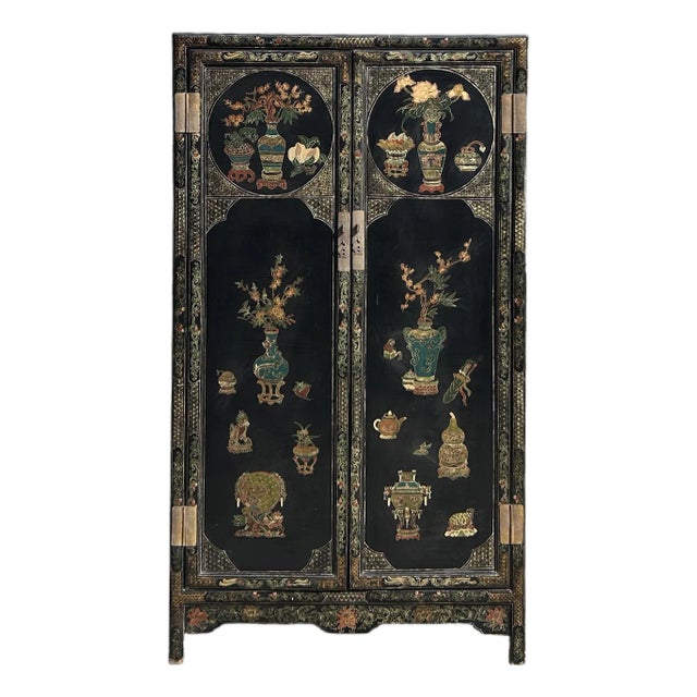 Vintage Oriental Black Lacquer Color Flower Vases Graphic Storage Cabinet For Sale