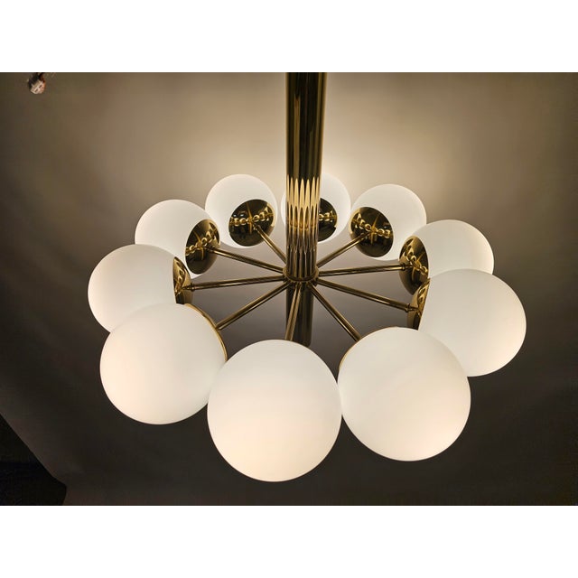Chandelier with 10 Milky White Glass Balls and Brass Fitting from Kaiser-Leuchten, 1970s For Sale - Image 6 of 12