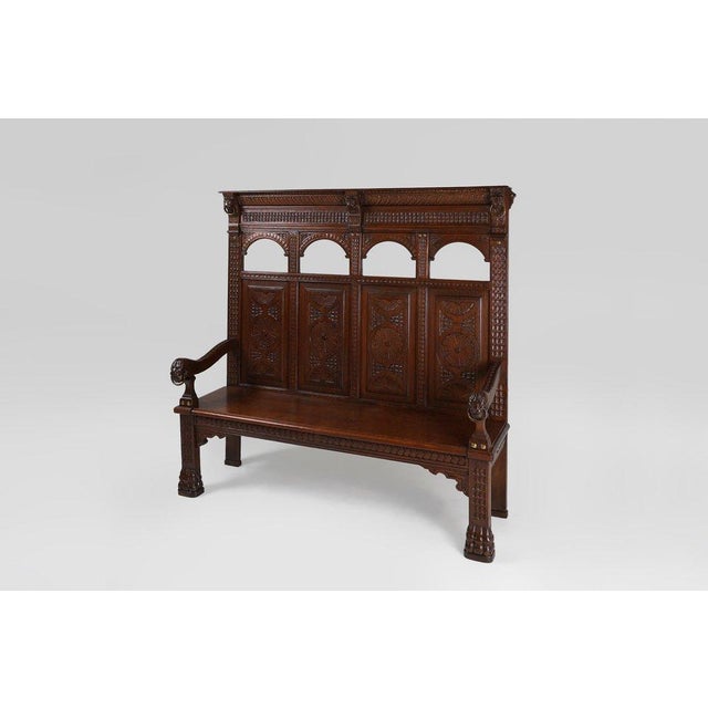 Wood Antique Gothic French Oak Carved High Back Panel Bench, 1700s For Sale - Image 7 of 16