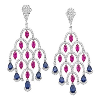 Natural Ruby 4.44cts, Sapphire 2.87cts & Diamond 3.12cts Earring in 14k Gold For Sale