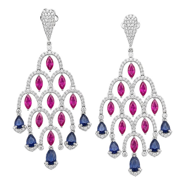 Natural Ruby 4.44cts, Sapphire 2.87cts & Diamond 3.12cts Earring in 14k Gold For Sale