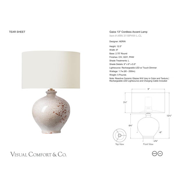 AERIN by Visual Comfort Signature Gaios 13" Cordless Accent Lamp in Pharaoh White with Linen Shade Designer: AERIN Height:...
