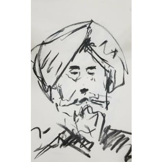 "Man in Turban" Contemporary Minimalist Charcoal Portrait Sketch by Jose Trujillo For Sale