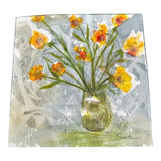 Original Watercolor and Ink Botanical “Flowers in Vase” For Sale