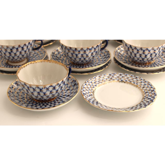 Ceramic 1980s Lomonosov Imperial Cobalt Net Porcelain Tea Set 30 Pcs, 10 Trios For Sale - Image 7 of 14