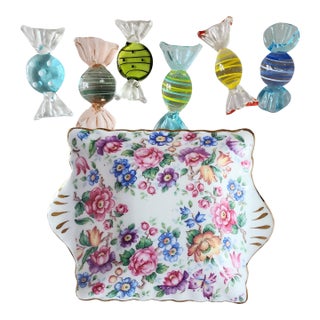 Set of 7 Antique English Staffordshire Bone China Dish & 6 Murano Candies For Sale