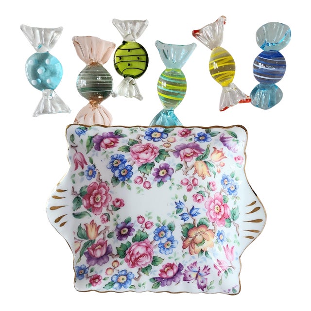 Set of 7 Antique English Staffordshire Bone China Dish & 6 Murano Candies For Sale