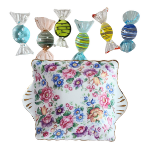 Set of 7 Antique English Staffordshire Bone China Dish & 6 Murano Candies
