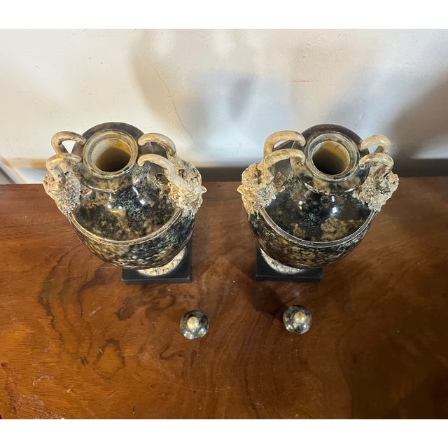 Antique 18th Century George III Wedgwood & Bentley Creamware Urns or Mantel Vases With Faux Stone Glaze & Satyr Mask Handles Circa 1780 - A Pair For Sale - Image 15 of 18