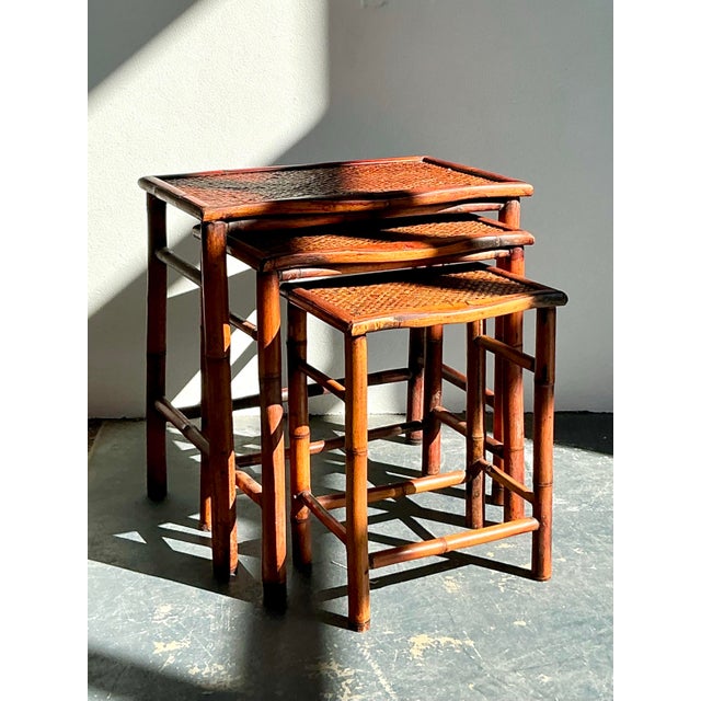 Vintage Boho Woven Rattan Nesting Tables - Set of 3 For Sale - Image 12 of 12