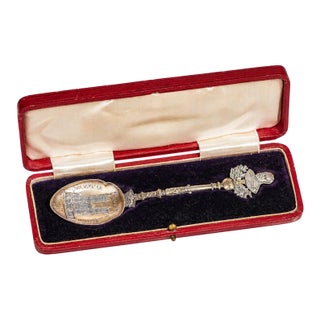 Wonderful Coronation 1902 King Edward VII Antique Sterling Silver Spoon and Leather Case British Royalty For Sale