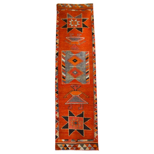 Contemporary 3x10 Ft Vintage Hand-Knotted Tribal Hallway Decor Ancient Alien Motif Rug for Hallway Kitchen Decor Turkish Rug Runner For Sale - Image 3 of 15