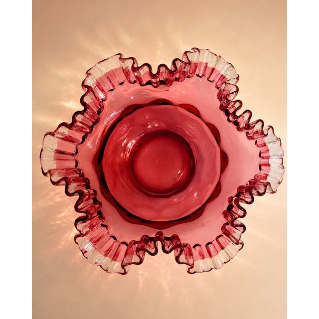 Mid-Century Modern Vintage Fenton-Style Cranberry Thumbprint Pattern Ruffled Rim Glass Bowl For Sale - Image 3 of 6